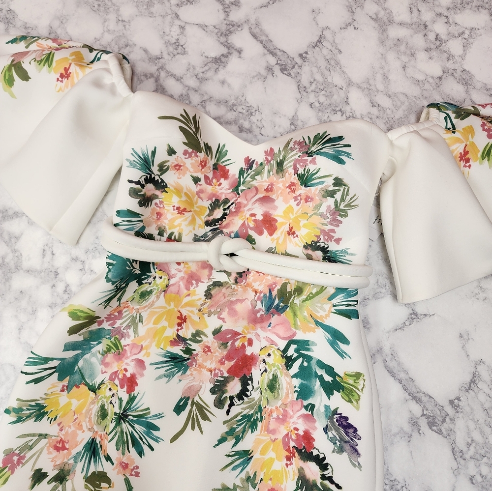 Off The Shoulder White Dress w/ Floral Print - Picture 4 of 10